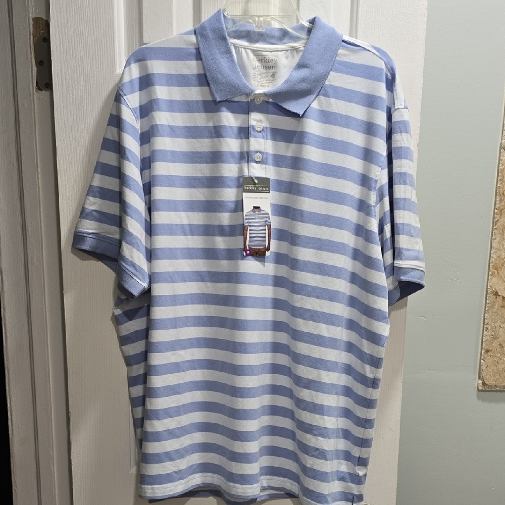 Berkley Jensen Light Blue and White Striped Polo Shirt Size 3XL